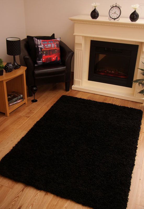 Round Thick Soft Shaggy Rugs Large Dark Black Shag Pile Plain Modern